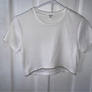 Garage White Crop Top with Decorative Rhinestone Hem
